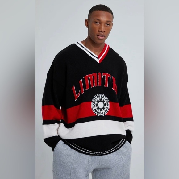 Boohoo MAN Limited Varsity V-Neck Knit Sweater NWT – Men’s XS Black Red White - Picture 5 of 7